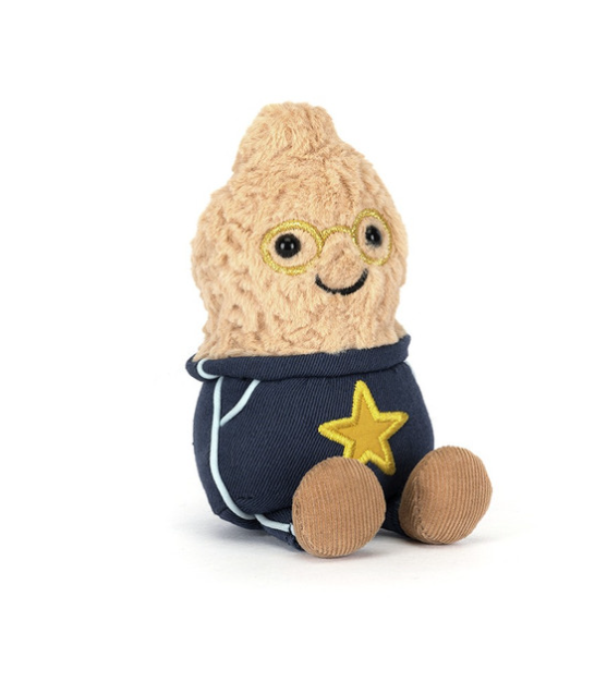 Peanut wearing shorts with a star on a white background