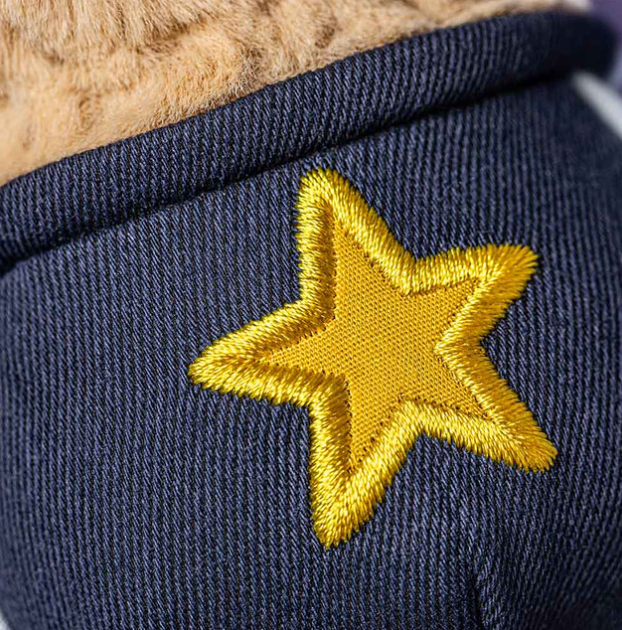 Close-up of a navy blue fabric with a yellow embroidered star on a teddy bear.