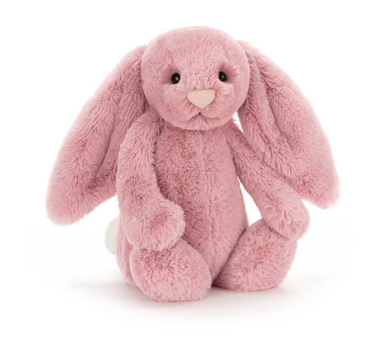 Pink plush bunny toy on a white background