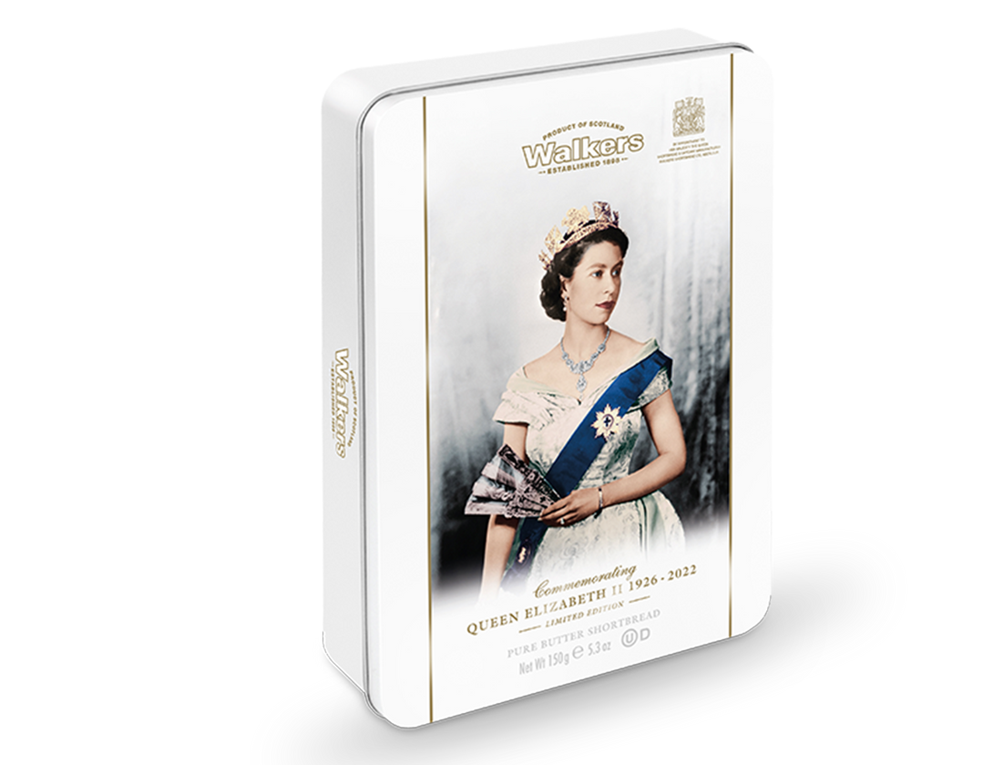 Walkers shortbread tin featuring a portrait of Queen Elizabeth II on a white background