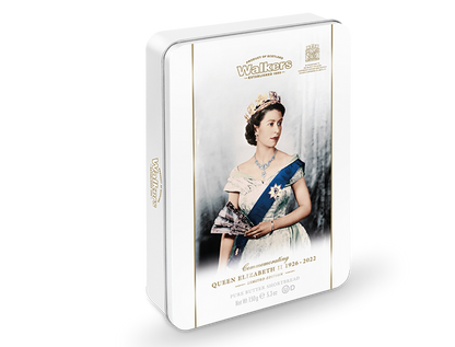 Walkers shortbread tin featuring a portrait of Queen Elizabeth II on a white background