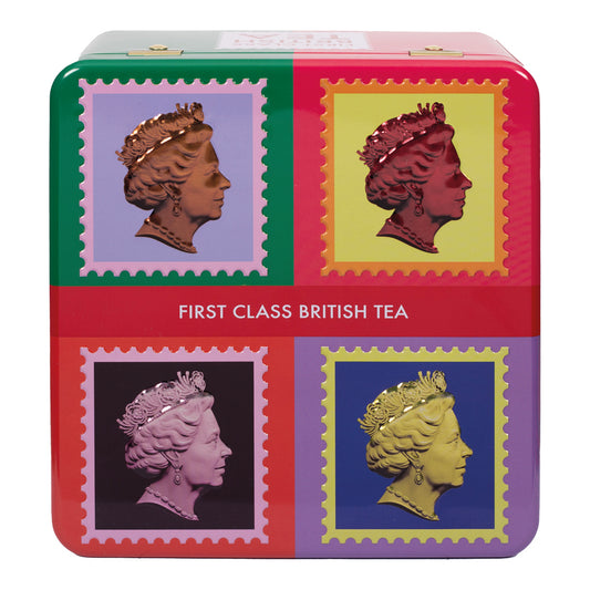 Colorful tea tin with Queen Elizabeth II's portrait on a white background