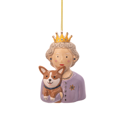 Decorative ornament of a Queen with a Corgi on a white background