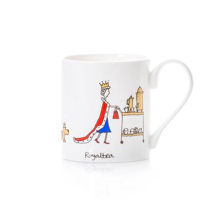 A white fine china mug with a quirky illustration of a Queen with Corgis wearing a crown and shopping bag pushing a tea trolley, titled 'Royal Tea' 