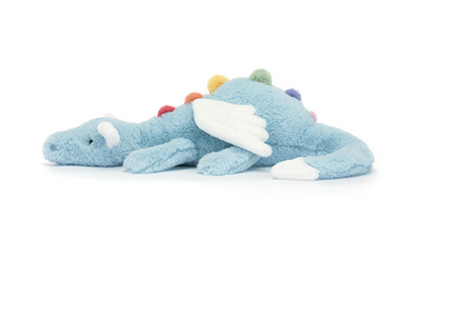Plush dragon toy with colorful accents on a white background